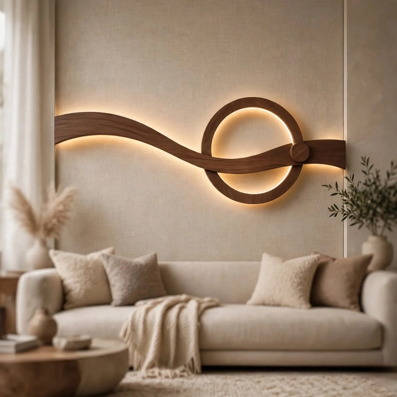 Modern sculptural LED wall light with wave and circle design glowing above beige sofa in minimalist living room