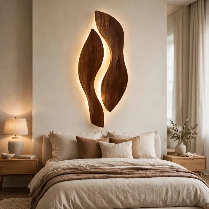 Sculptural Wall Light Art | Modern Wooden Wall Decor | LED Wall Sculpture | Living Room Wall Art | Minimalist Japandi Wall Lighting photo 1