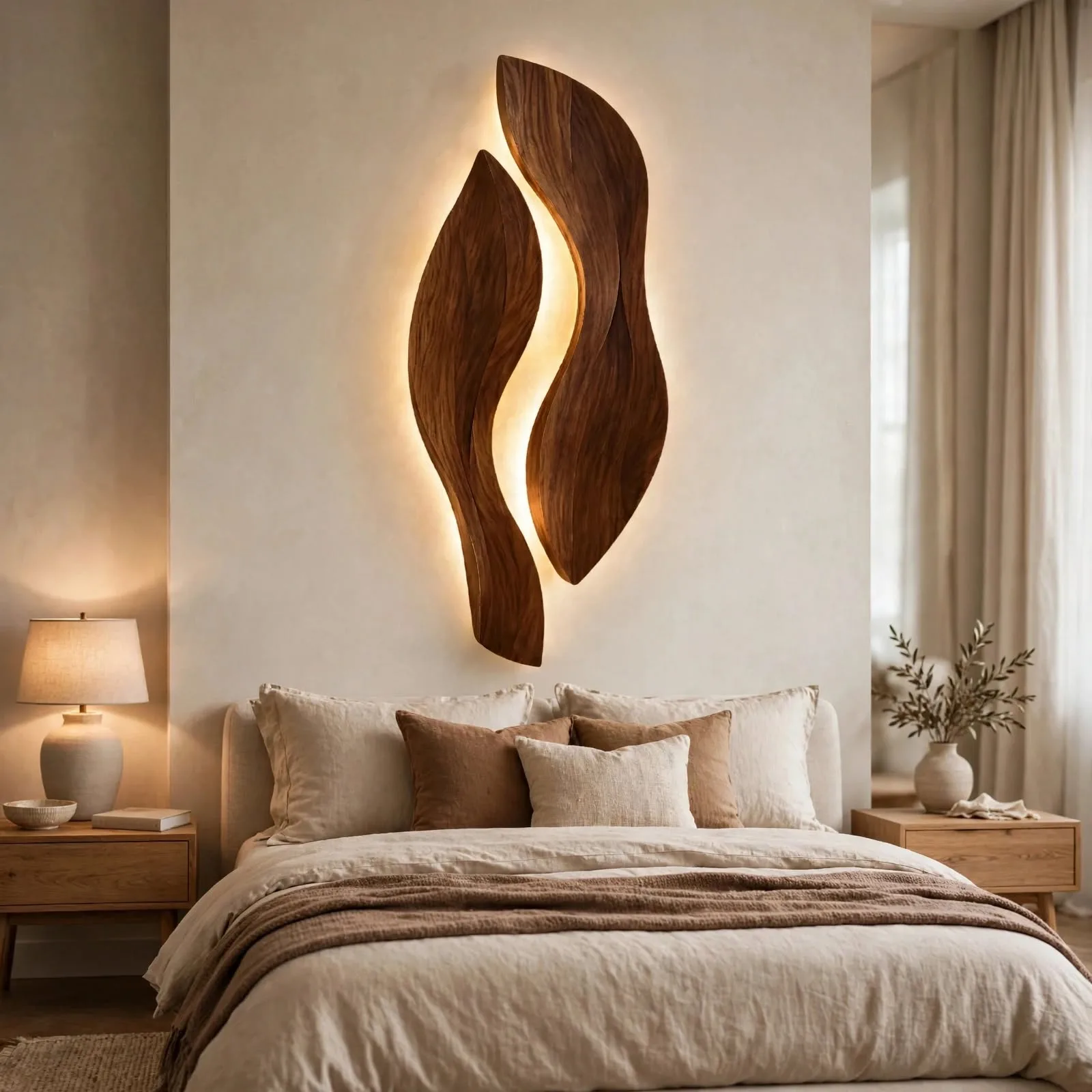 Modern sculptural wall light art with warm glow above beige upholstered bed in minimalist bedroom, abstract wavy wall sculpture decor