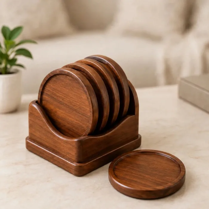 Set of 6 round drink coasters in a matching holder placed on a light coffee table in a minimalist living room