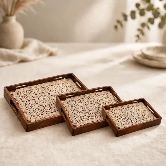 Set of 3 Nesting Serving Trays with Handles | Decorative Coffee Table Tray Set | Ottoman Tray for Living Room | Boho Crochet Serving Tray | Rustic Breakfast Tray photo 1