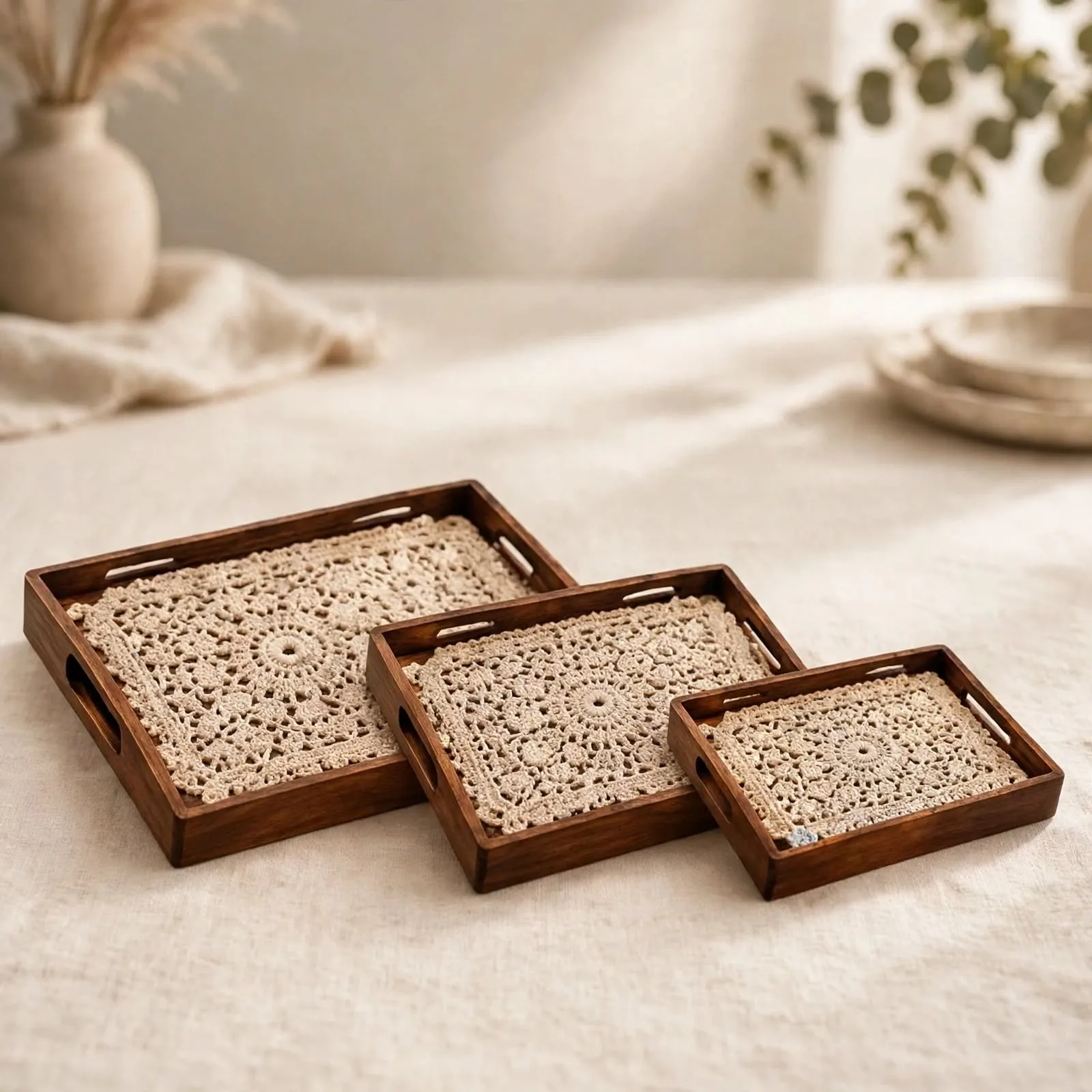 Set of 3 nesting rectangular serving trays with handles and beige handmade crochet inserts on a linen tablecloth