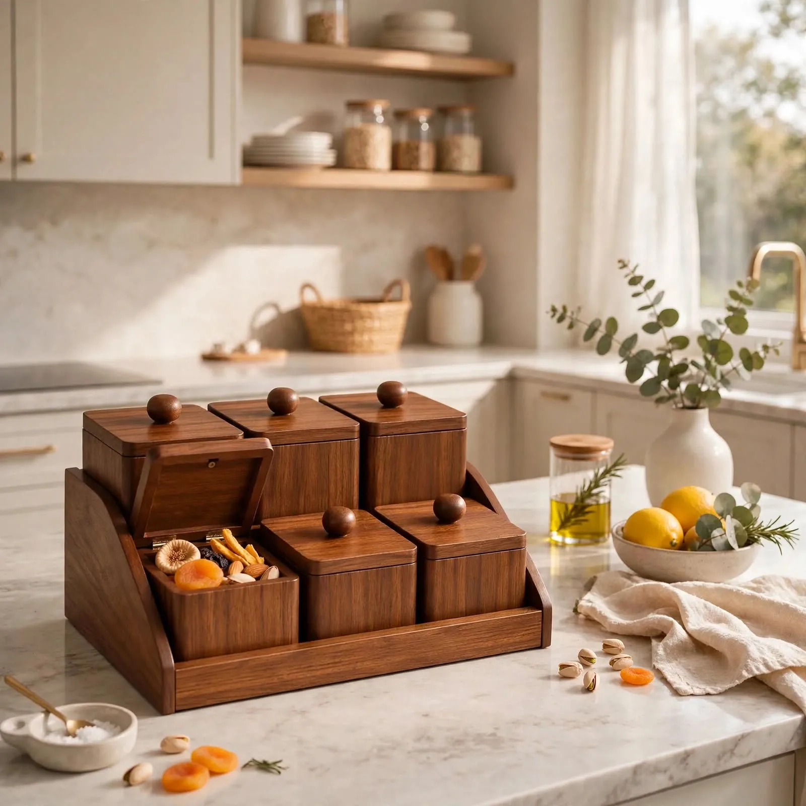 Bathroom counter organizer with 6 lidded boxes on vanity table with makeup and perfume