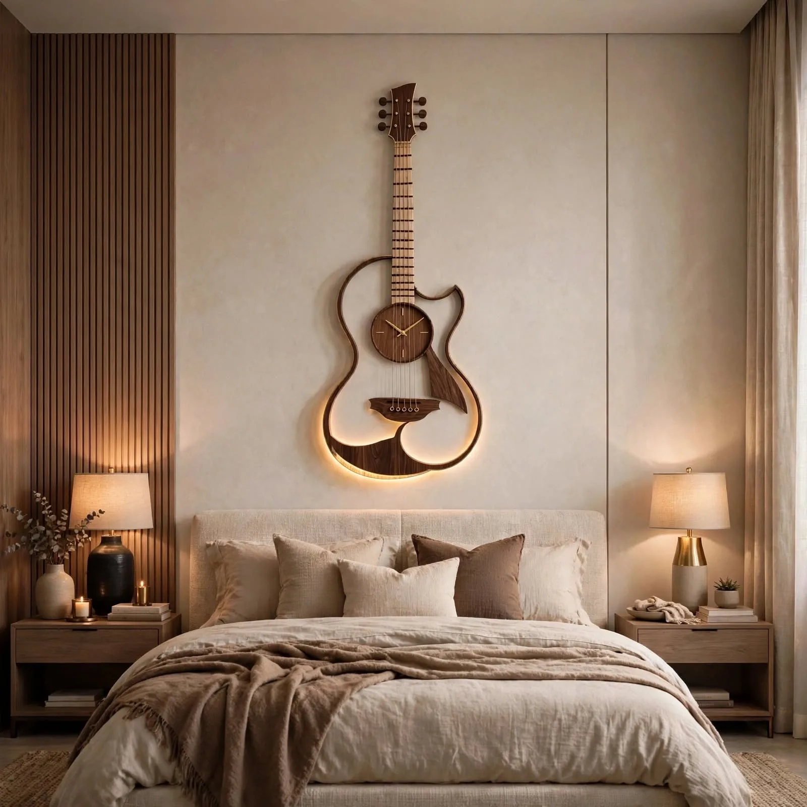 Large guitar wall clock with light hanging above beige sofa in modern living room decor