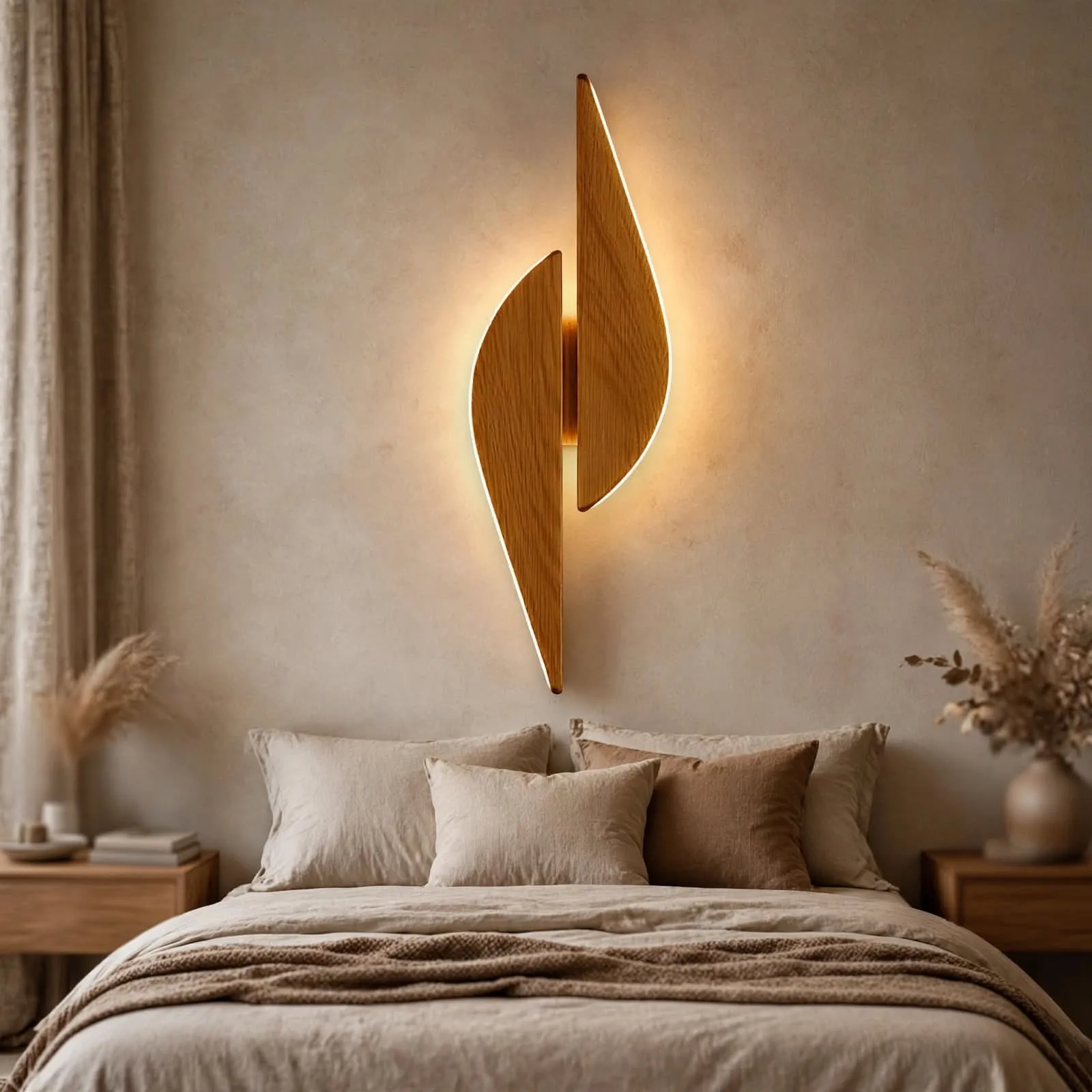 Modern sculptural leaf wall sconce with warm glow mounted above beige sectional sofa in minimalist living room