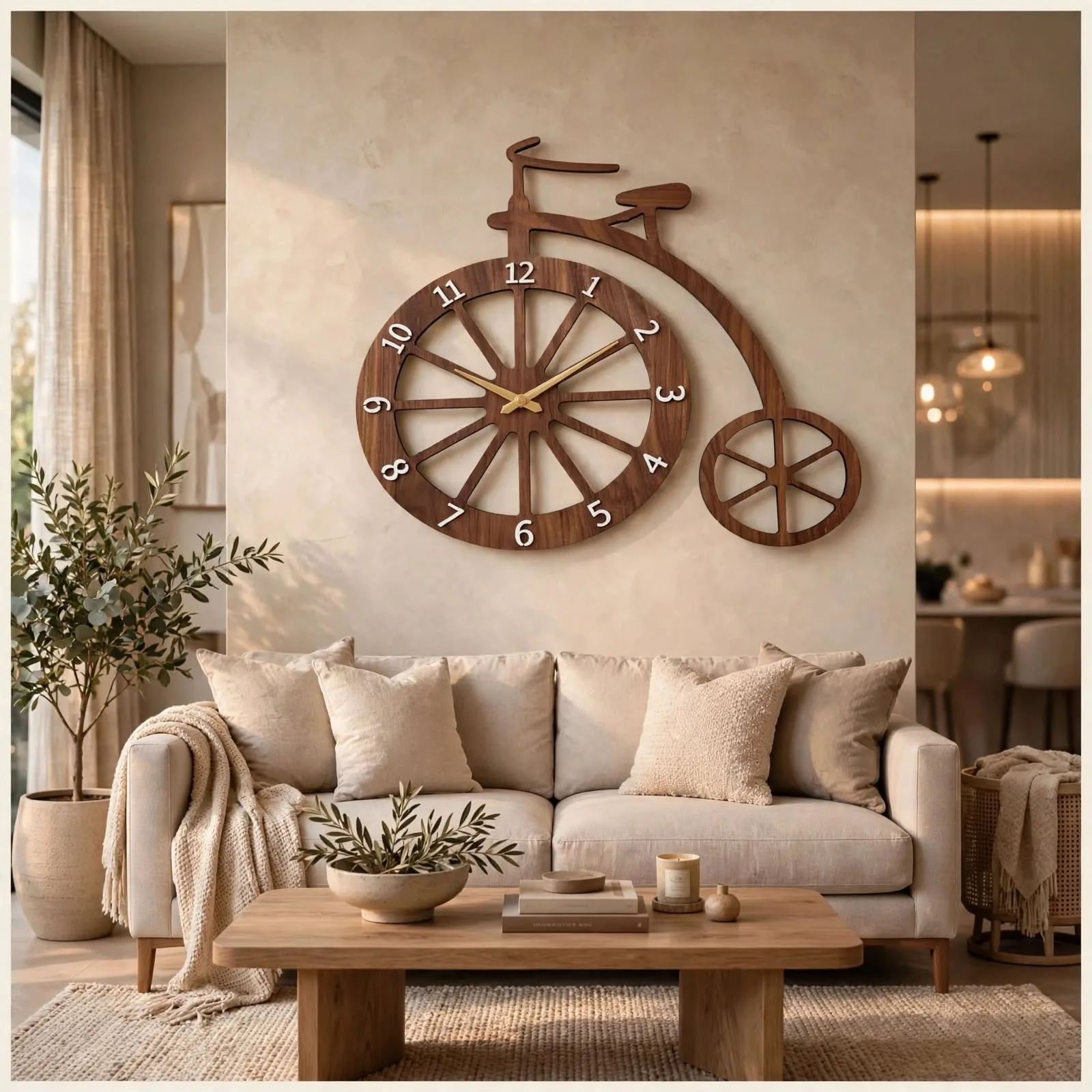 Large bicycle wall clock with light above beige sectional sofa in modern minimalist living room