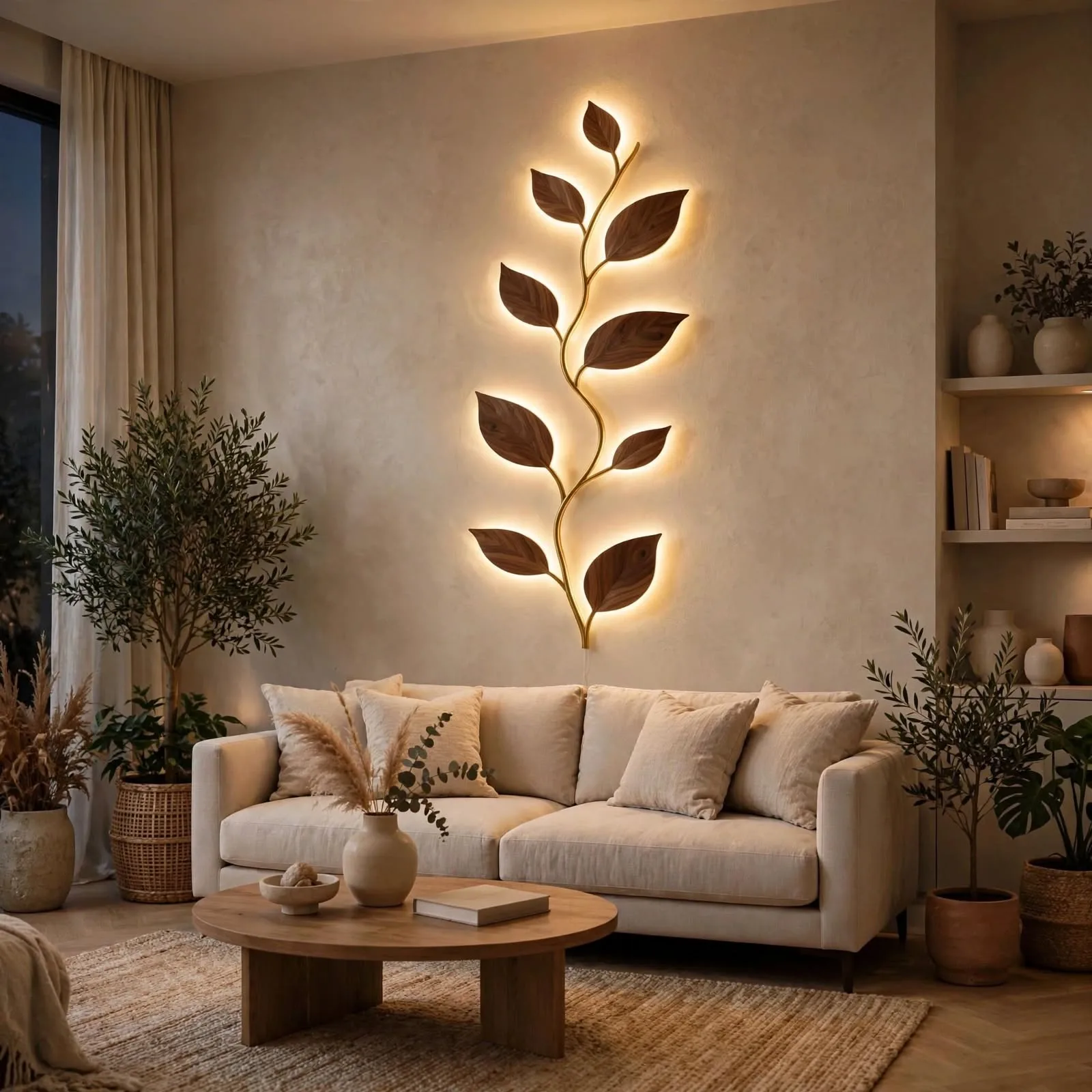 Vertical illuminated leaf branch wall sculpture with 9 glowing leaves above a beige sofa in modern living room