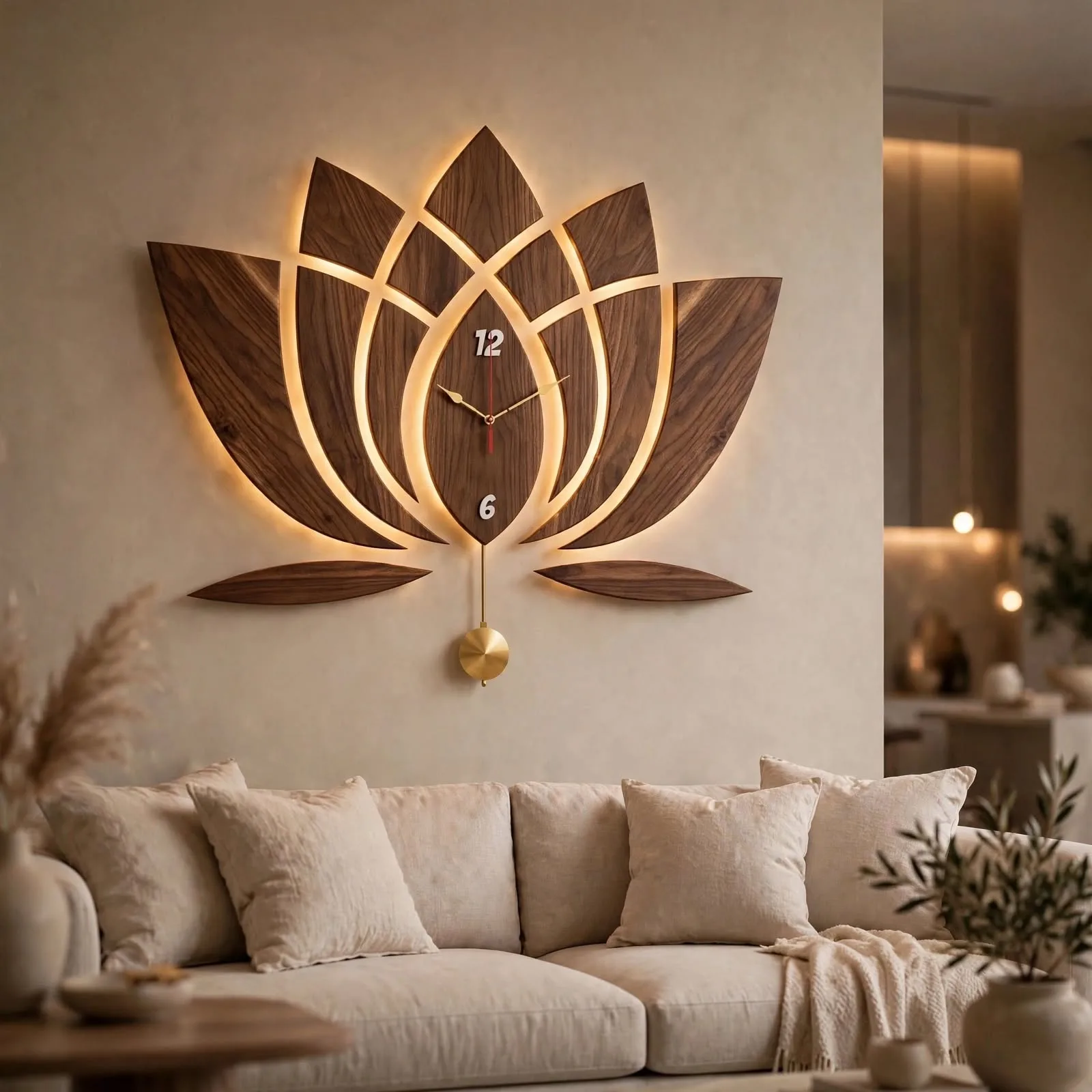 lotus wall clock, large lotus clock, illuminated wall clock, pendulum wall clock, zen wall clock, boho wall clock, lotus flower wall decor, modern large wall clock, spiritual wall clock, meditation ro