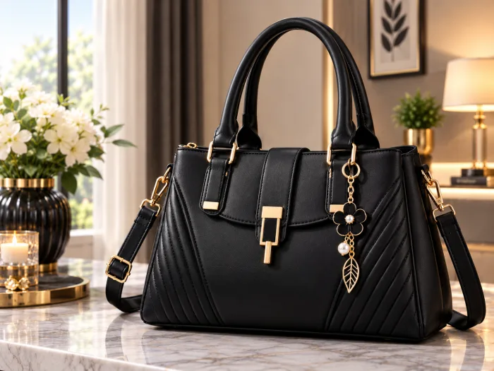 Elegant black structured leather handbag for women with gold-tone hardware, dual handles, adjustable shoulder strap, and decorative floral charm.