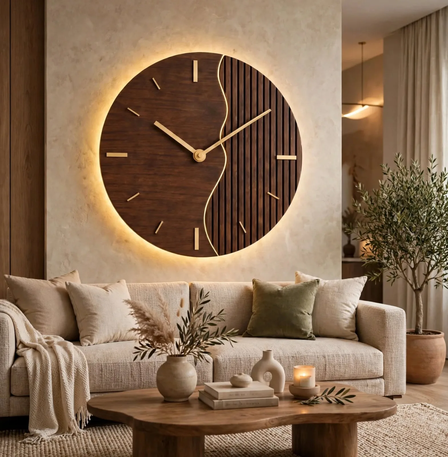 Large modern round backlit wall clock with gold hands mounted above beige sofa in luxury living room