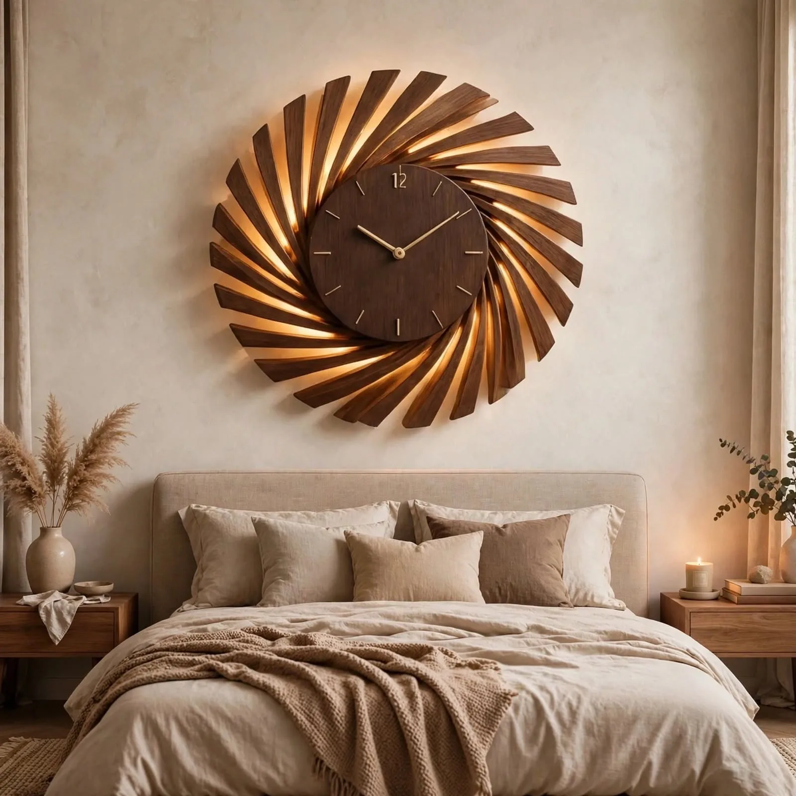 Large sunburst spiral wall clock with warm light hanging above modern beige sofa in minimalist living room