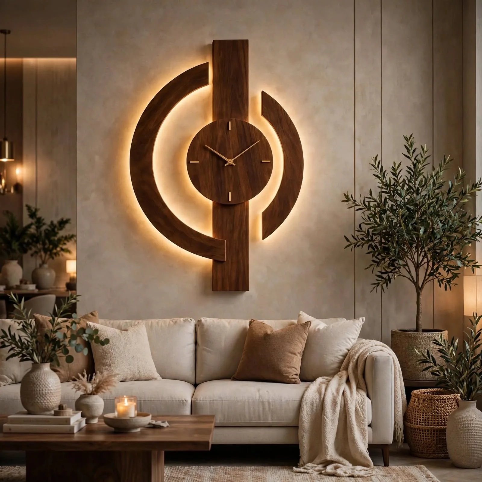 Large modern geometric wall clock with warm backlight glow mounted above a beige sofa in a cozy living room