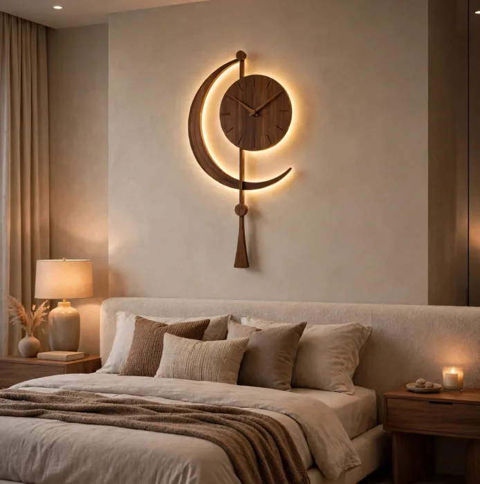 Modern Crescent Moon Wall Clock with Light, Minimalist Wall Clock, Decorative Moon Clock for Living Room, Unique Light Up Wall Clock photo 1