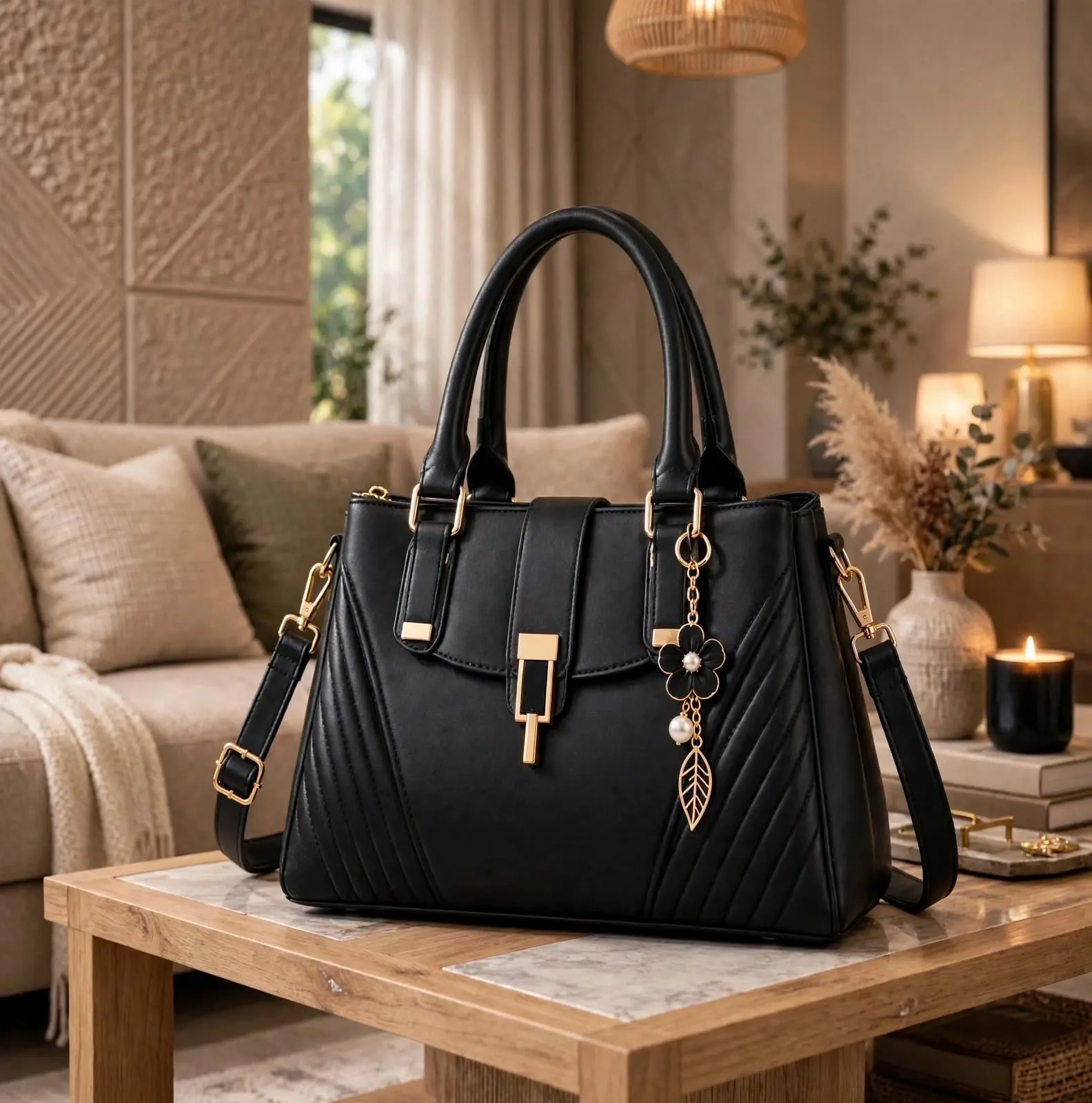 Elegant black handbag for women with gold hardware and flower pearl charm on marble table in luxury living room