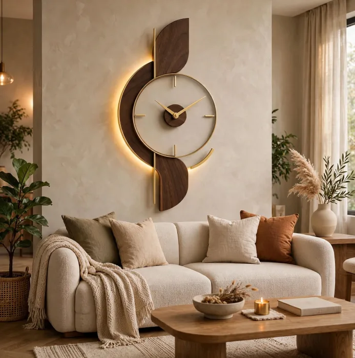 Large Modern Wall Clock With Light | Minimalist Decorative Wall Art Clock | Art Deco Living Room Statement Clock photo 1