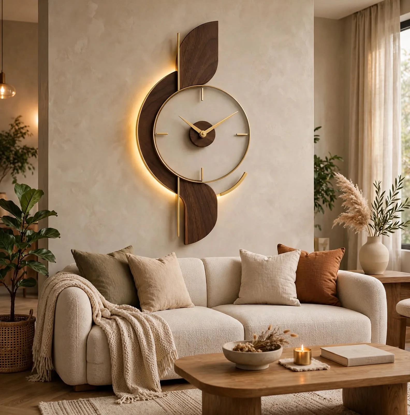 Large modern wall clock with light above beige sofa in luxury living room, minimalist gold decorative wall art clock