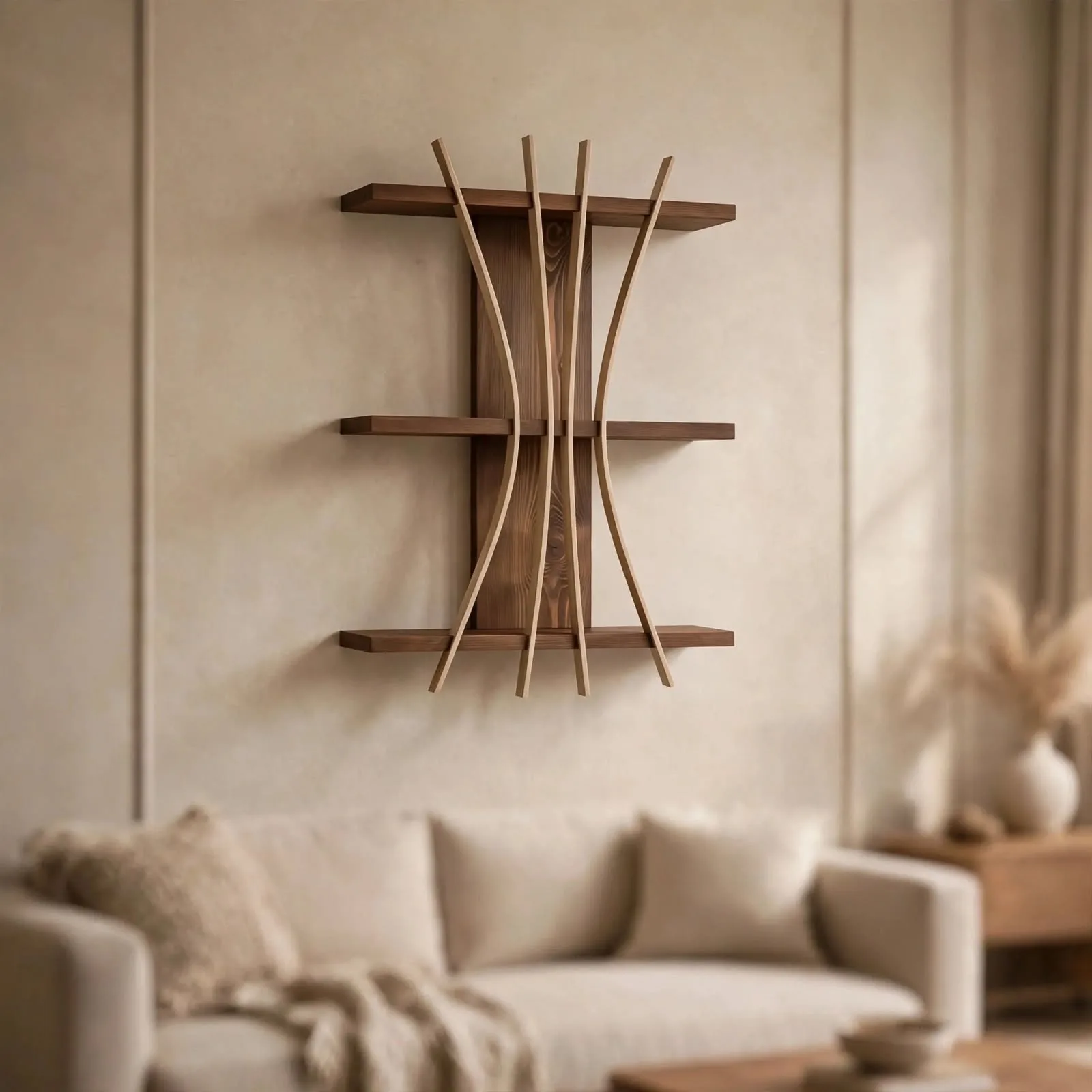 Sculptural 3 tier floating wall shelf mounted above beige sofa in modern Japandi living room