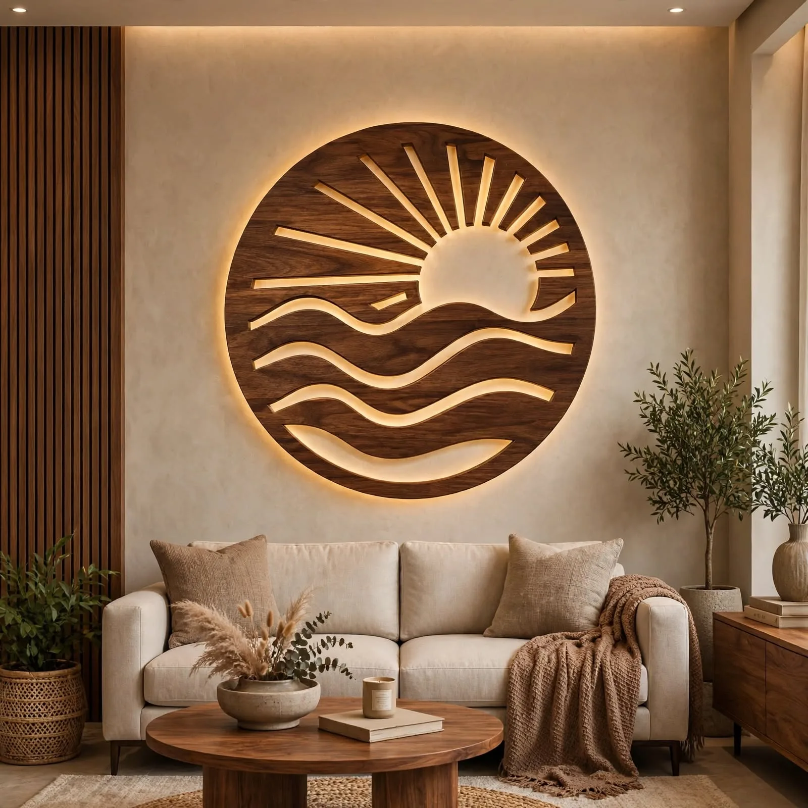 Round sunrise wall art with warm light glowing behind sun and wave cutout in modern living room