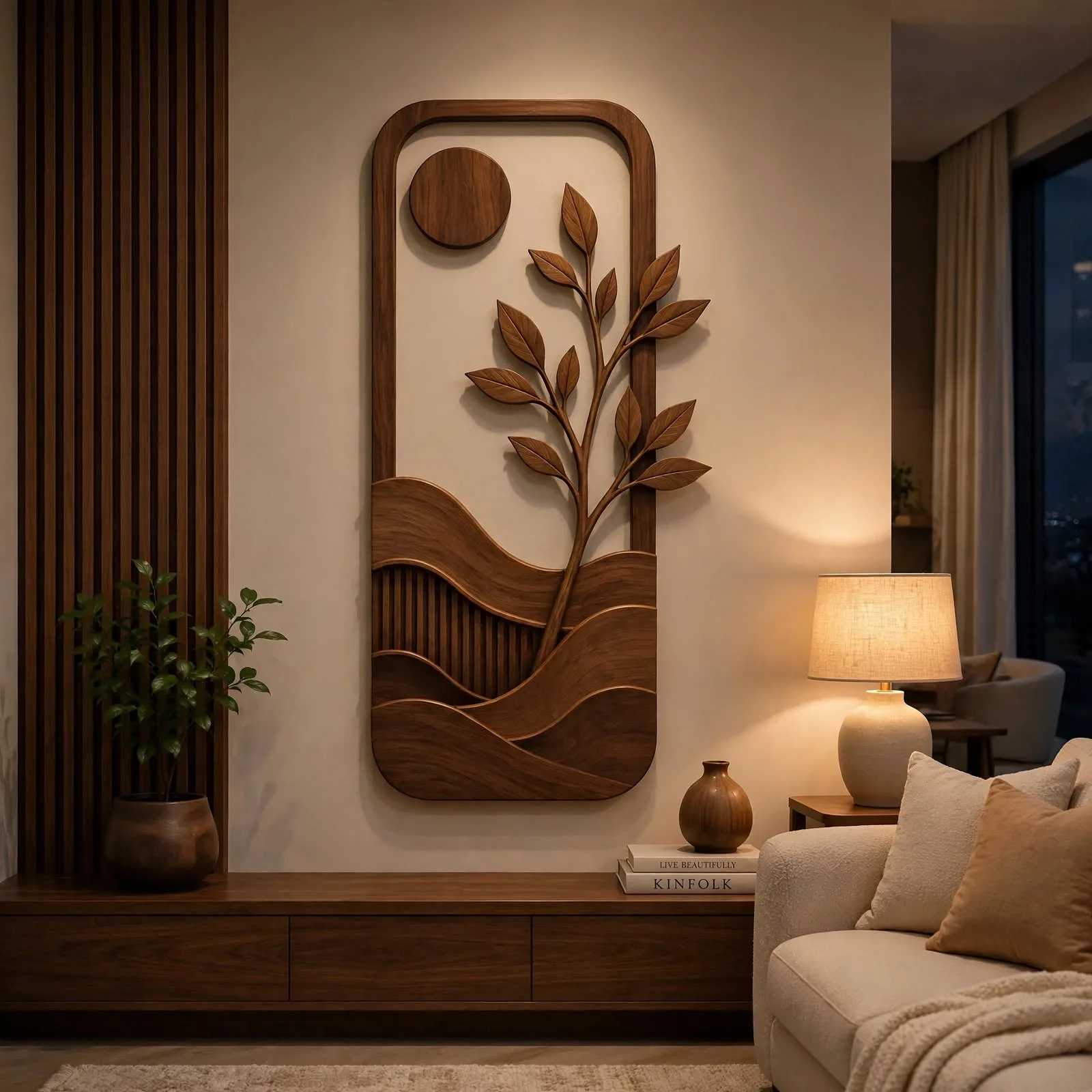 Large boho botanical wall art with sun and branch design hanging in modern neutral living room above console