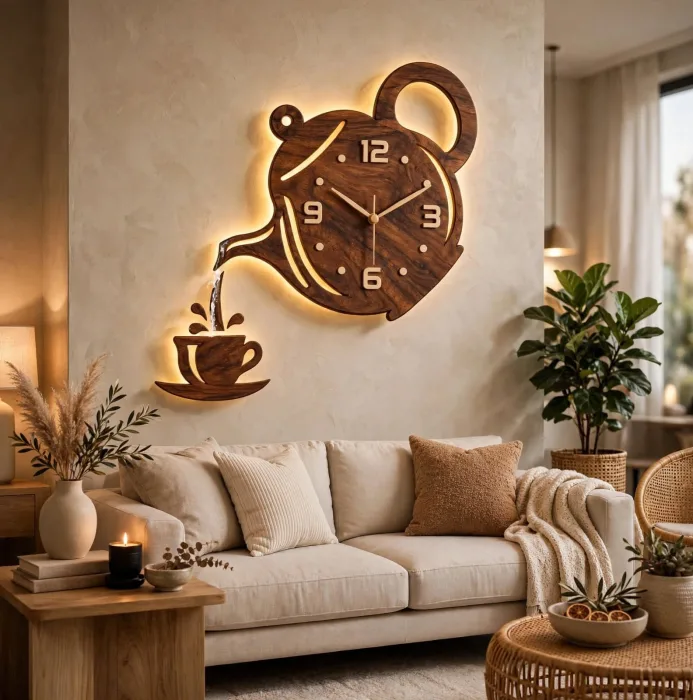 Large Teapot Wall Clock With Light Modern Decor photo 1