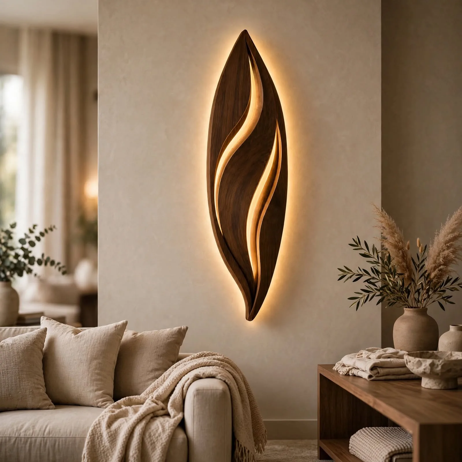 Minimalist sculptural wall art light with warm glow centered above beige sofa in Japandi living room decor