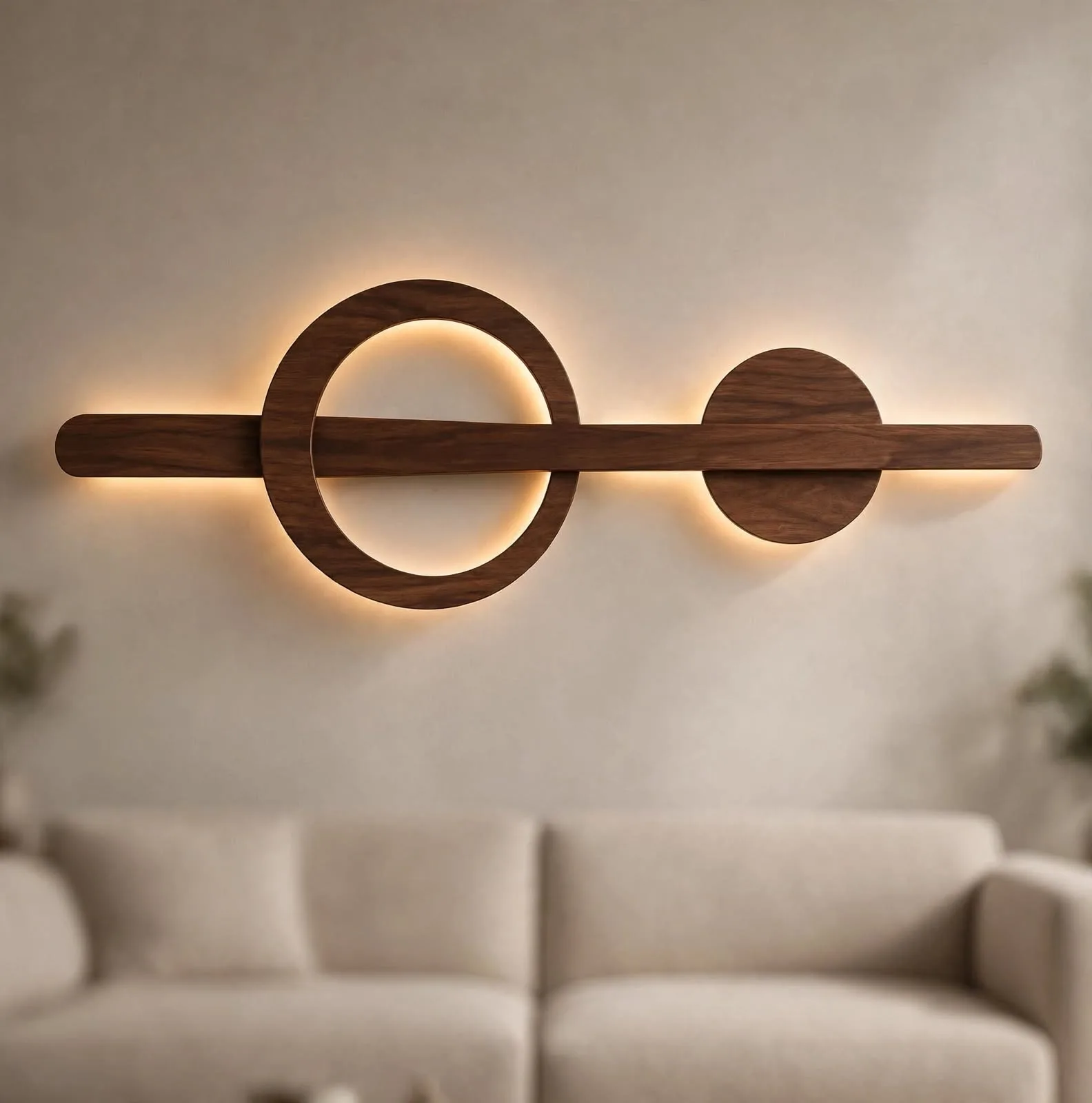 Minimalist geometric LED wall sconce with circular design glowing warm light in modern living room