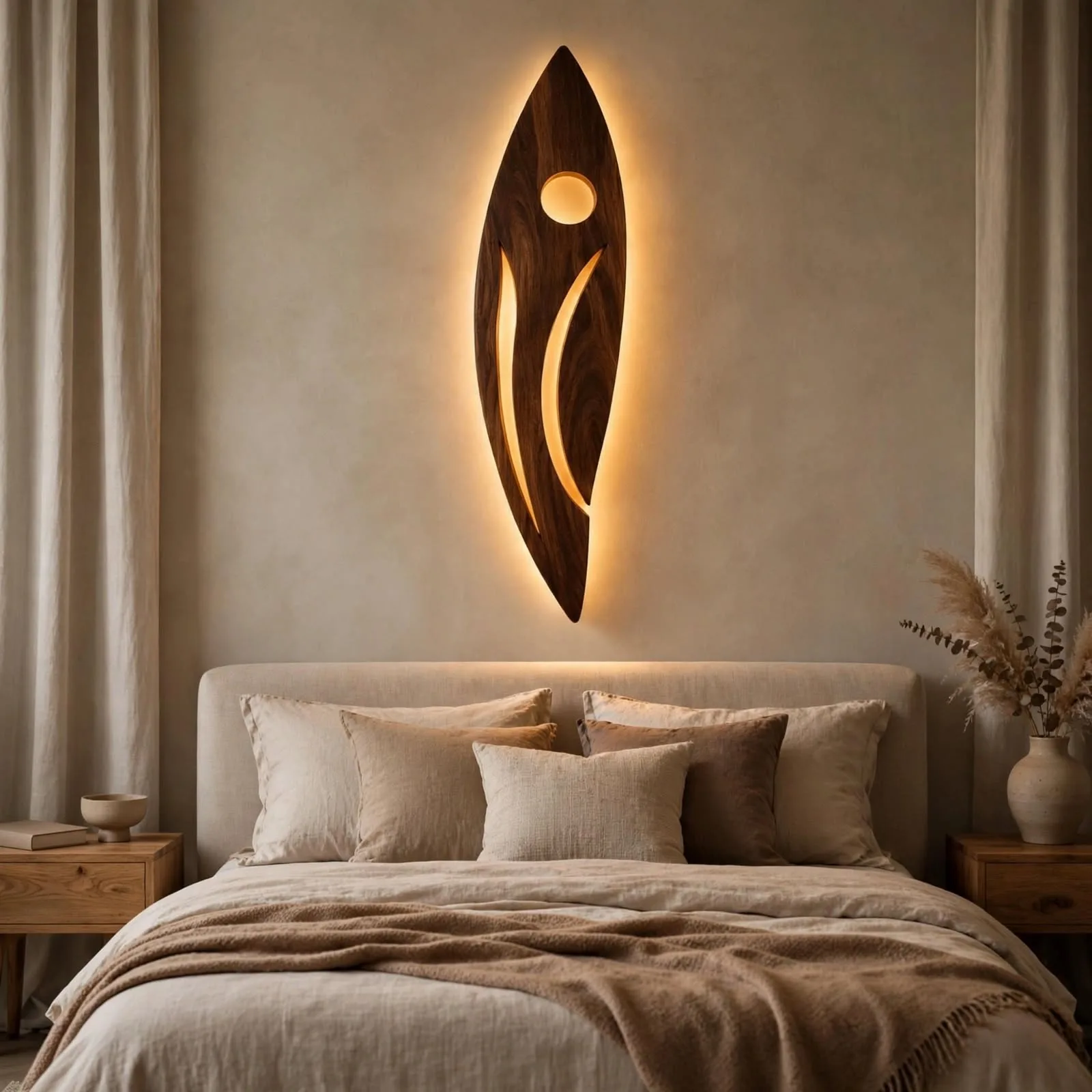 Modern sculptural illuminated wall art hanging above a beige boucle sofa in a minimalist living room, casting a warm ambient glow