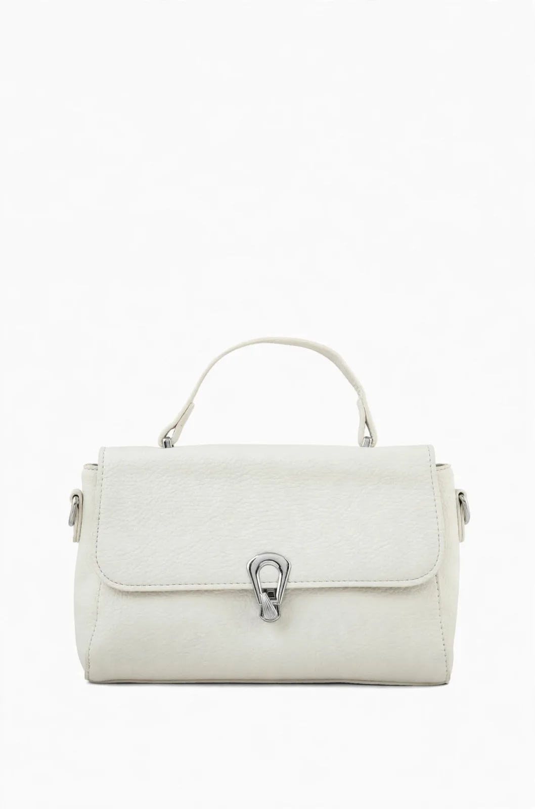 small white crossbody satchel bag with top handle and silver clasp closure front view on white background
