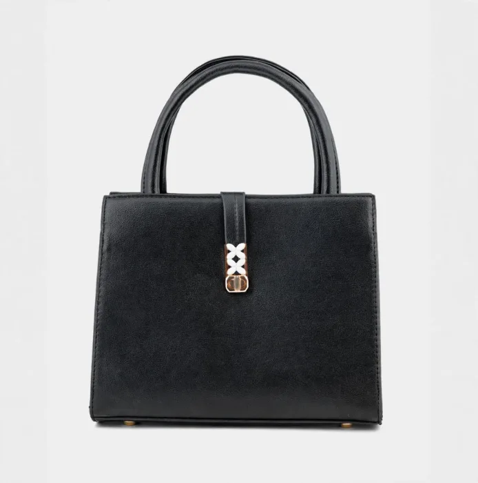 Front view of a black structured faux-leather top-handle handbag with dual handles and white floral gold clasp on white background