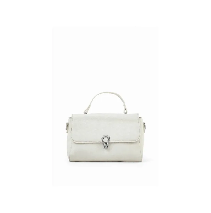 small white crossbody satchel bag with top handle and silver clasp closure front view on white background