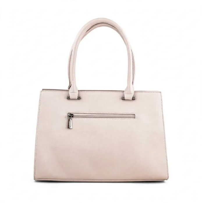 Front view of blush beige faux leather structured top handle tote bag with front zip pocket and tassel pull and silver hardware on white background