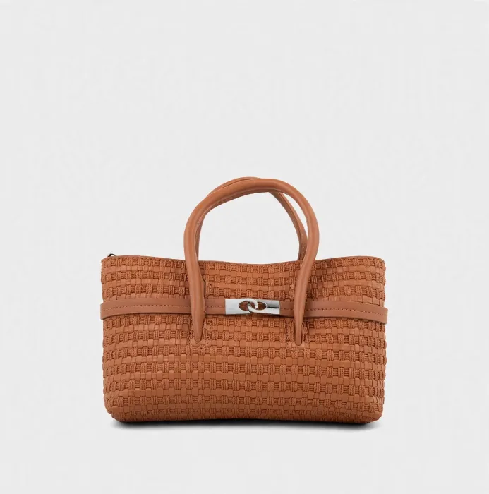 Tan Woven Basketweave Mini Tote Bag with Crossbody Strap photo 1
