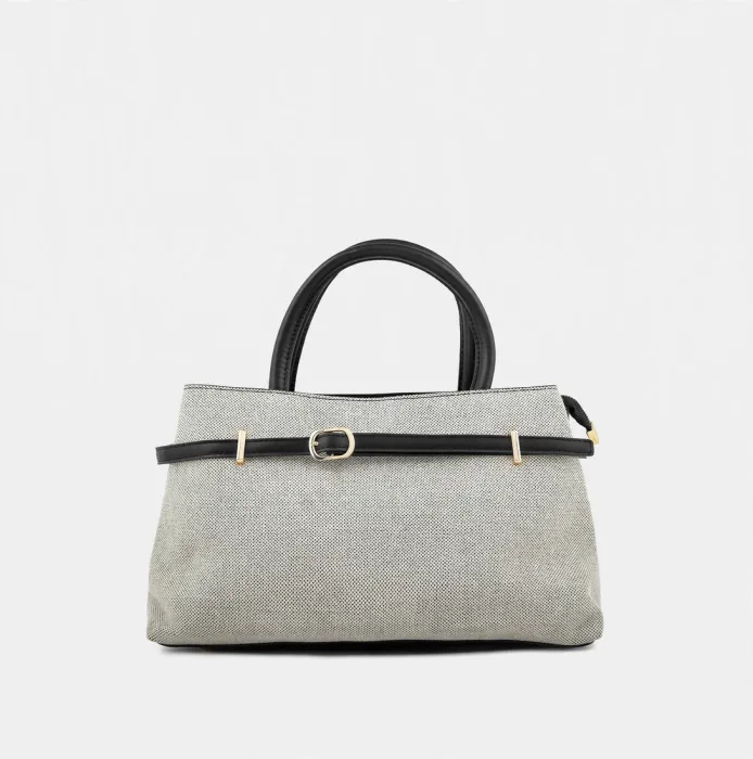 Beige Canvas Tote Bag with Black Belt Strap photo 1