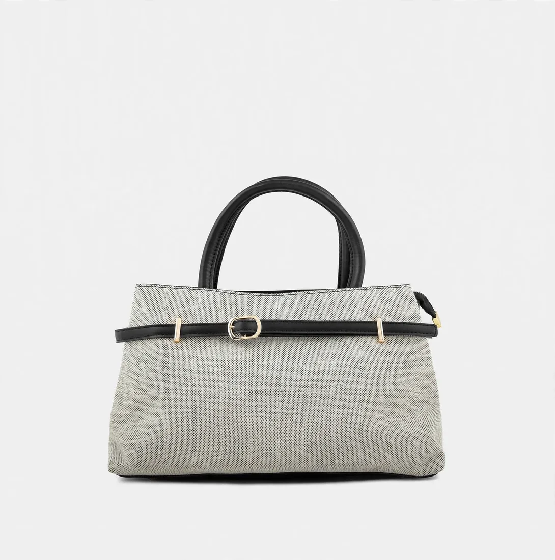 Beige canvas tote bag with black belt and handles front view