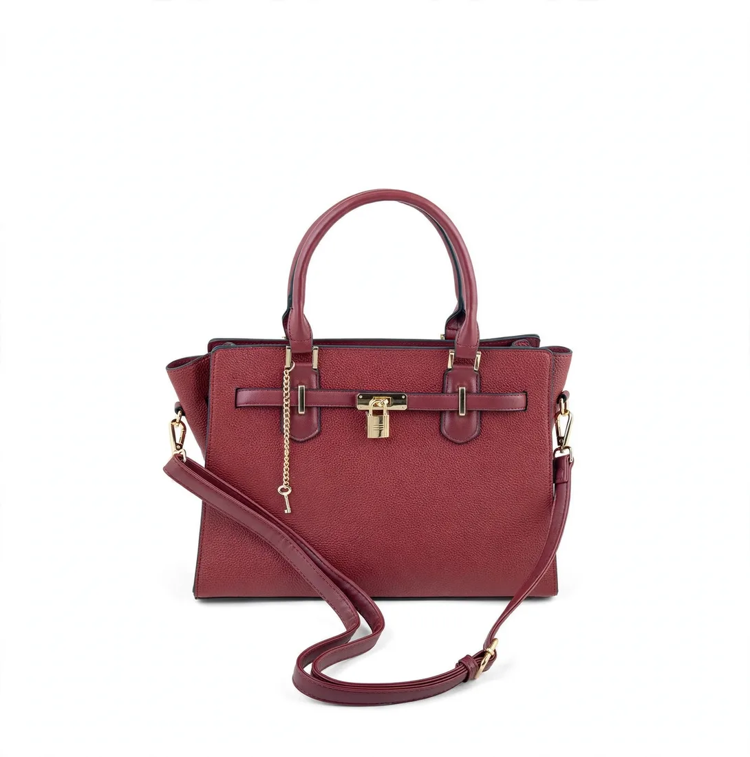 Front view of burgundy tote bag with gold padlock and key charm