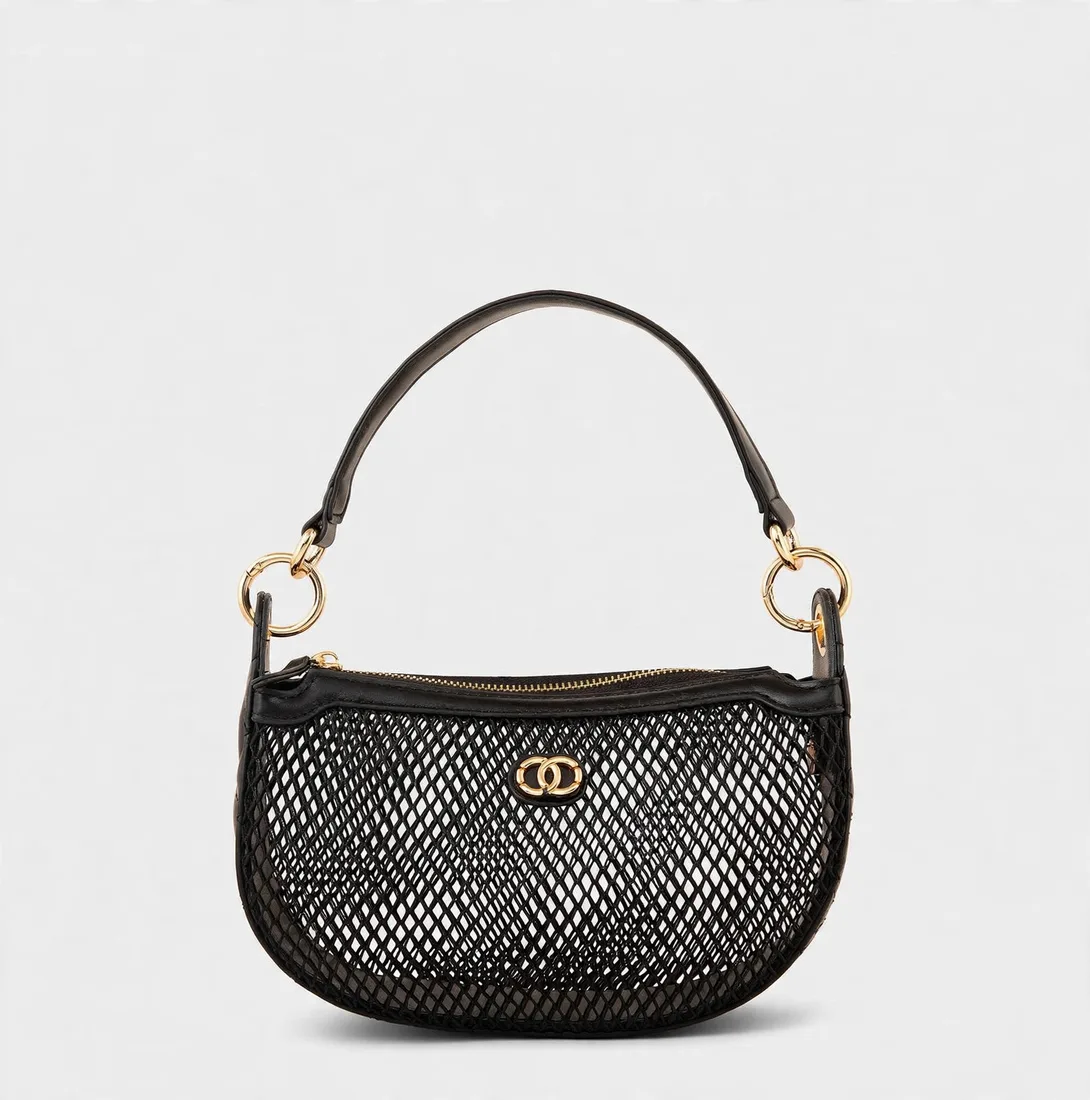 Black mesh half-moon hobo bag with gold hardware - front view