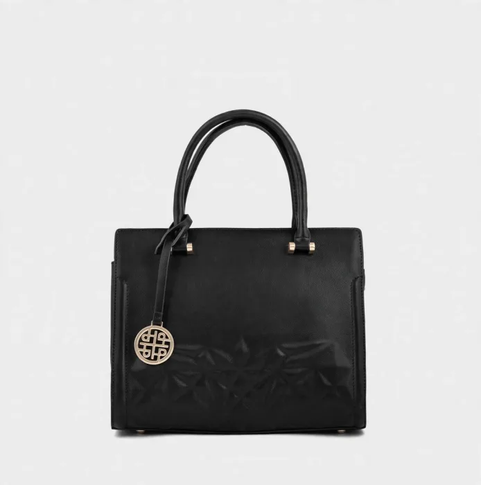 Black Structured Tote Bag with Gold Charm and Strap photo 1