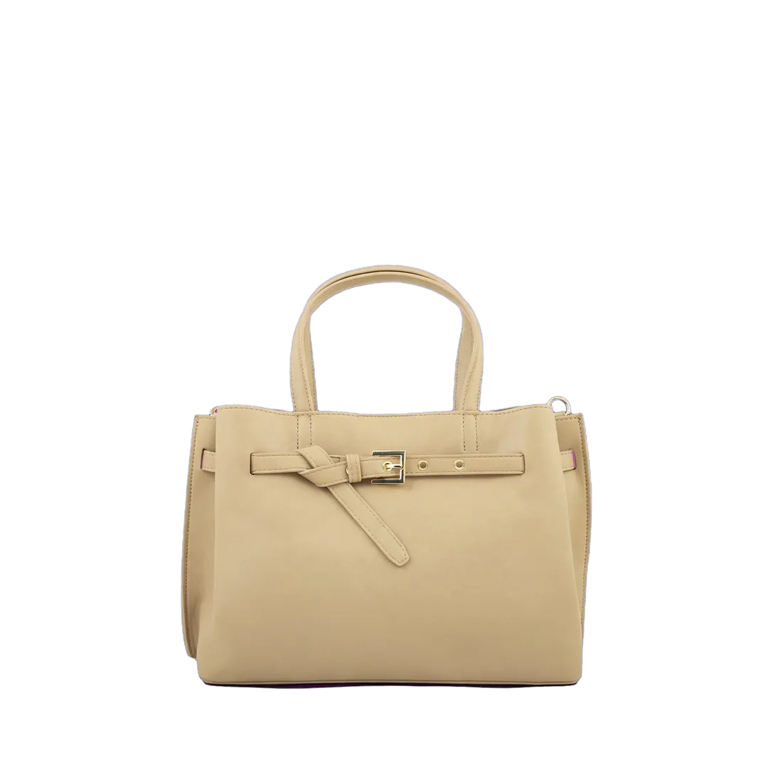 Front view of beige structured belted tote bag with knotted strap and gold square buckle on white background.
