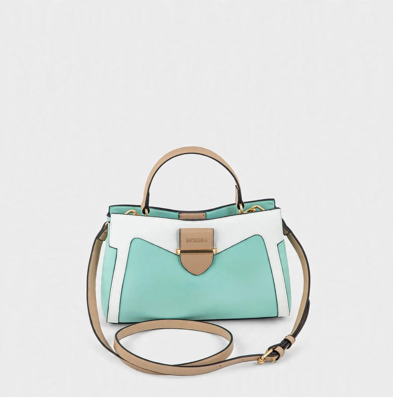 Mint and white color-block top-handle bag