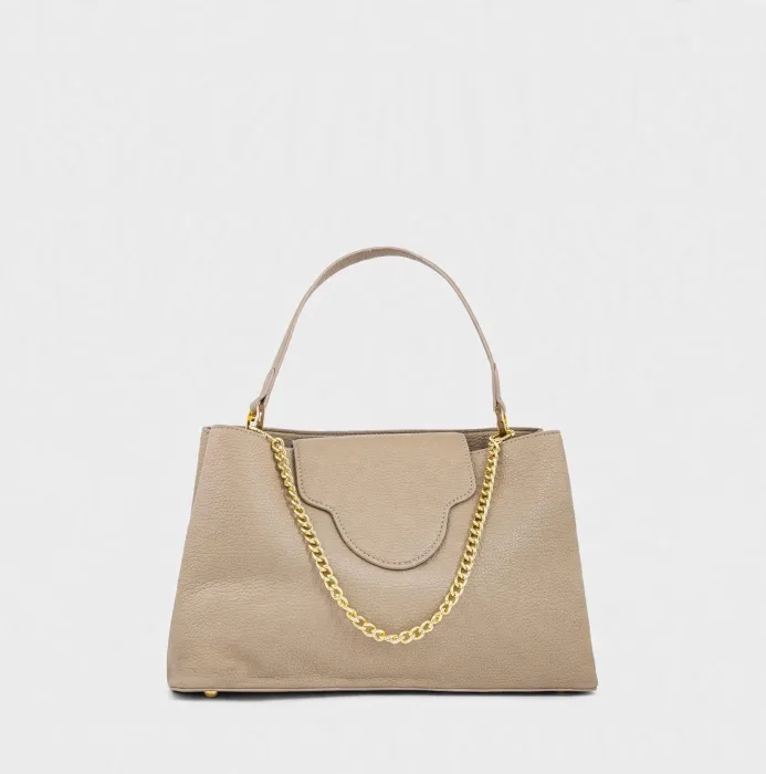 Taupe Tote Bag with Gold Chain and Top Handle photo 1