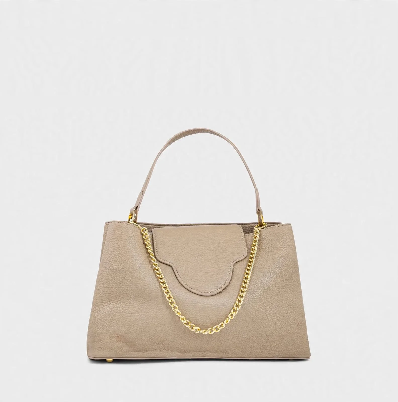 Front view of taupe pebbled faux-leather structured tote bag
