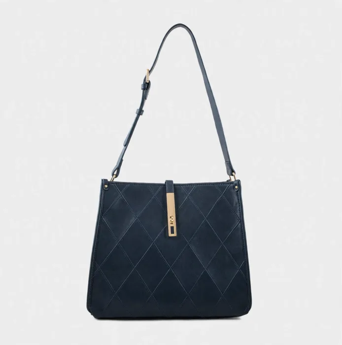 Navy Blue Quilted Shoulder Bag with Gold Bar Closure photo 1