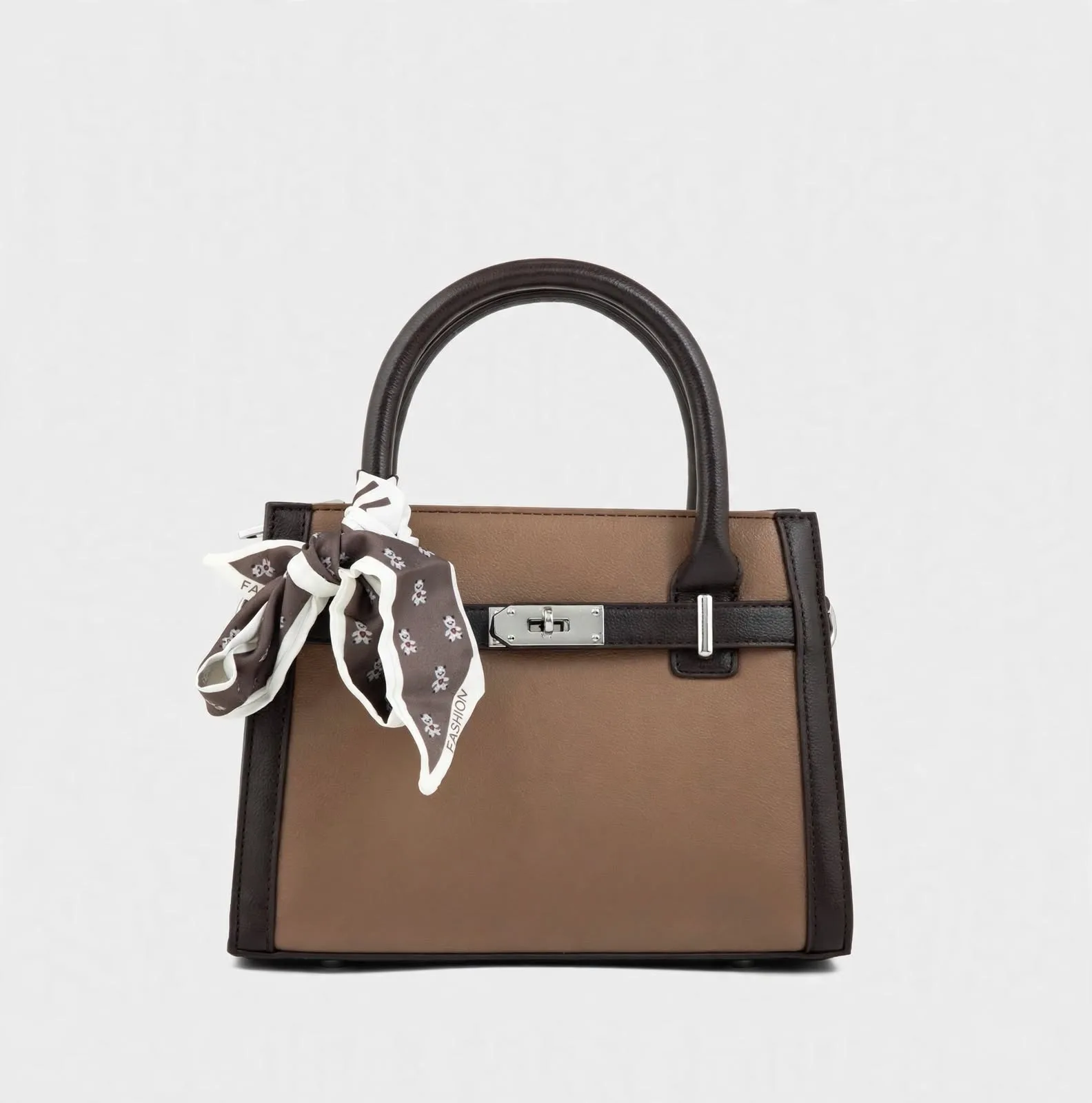 Front view of taupe brown mini tote with dark brown handles