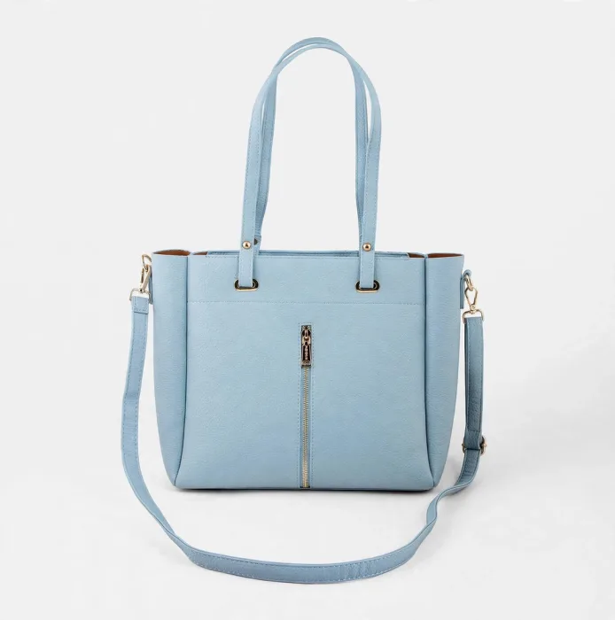 Sky Blue Pebbled Tote Bag with Front Gold Zipper photo 1