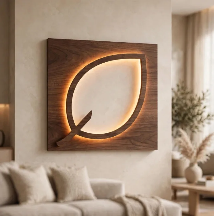 Backlit leaf wall art light glowing in modern living room above beige sofa