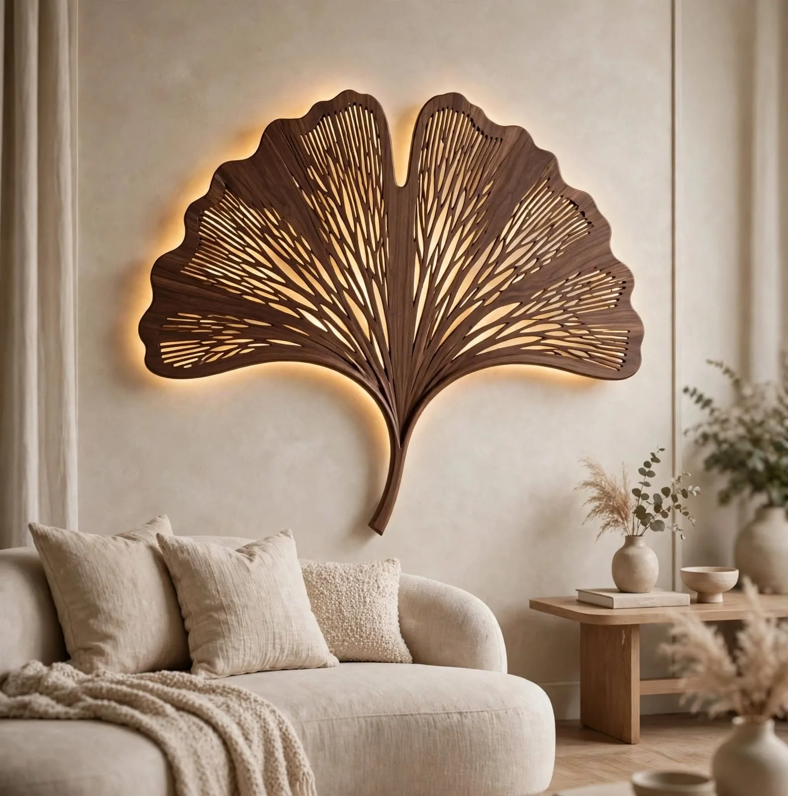 Ginkgo leaf wall light with warm glow mounted on beige wall above modern curved sofa in luxury living room