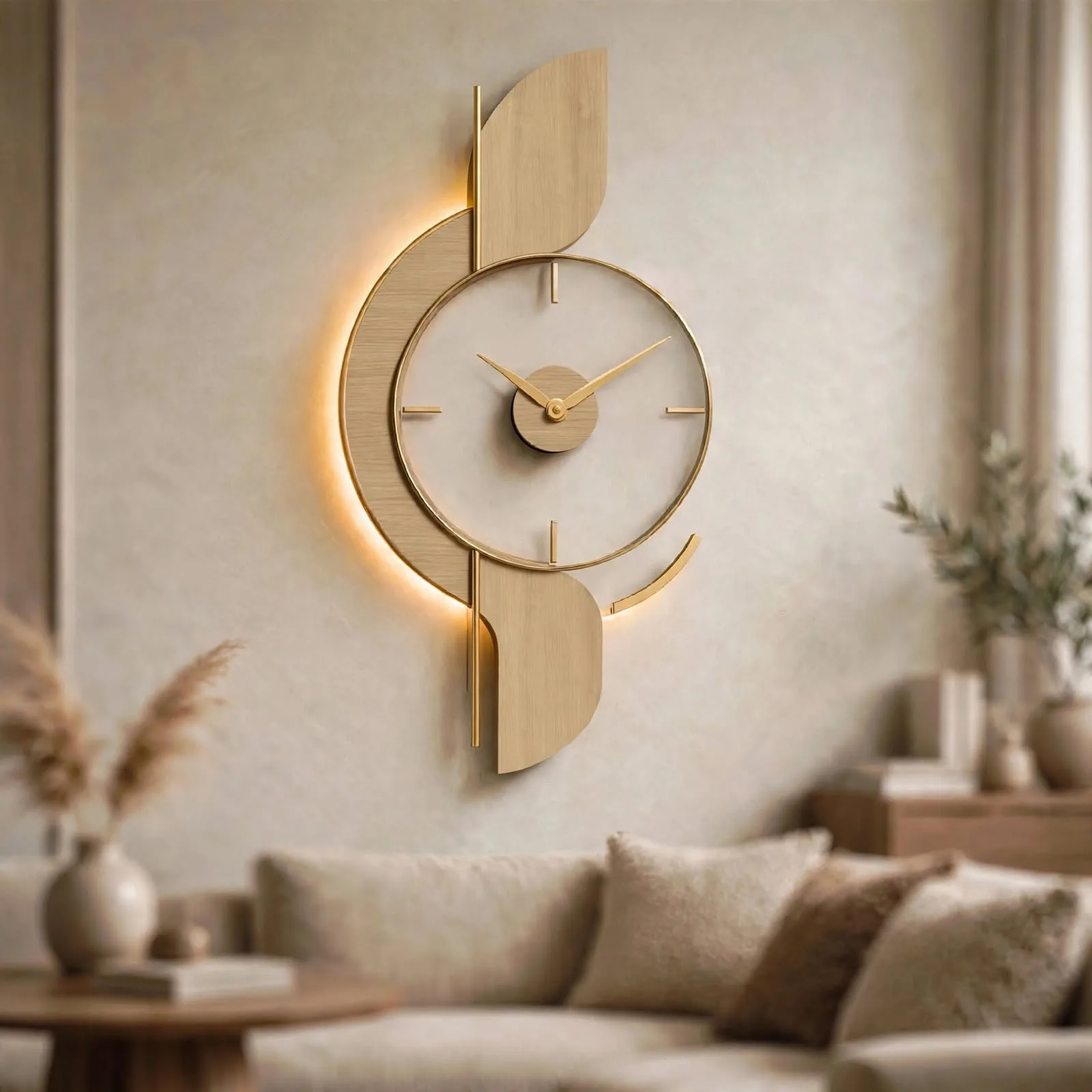 Large modern abstract gold wall clock in living room decor above beige sofa, minimalist wall art clock