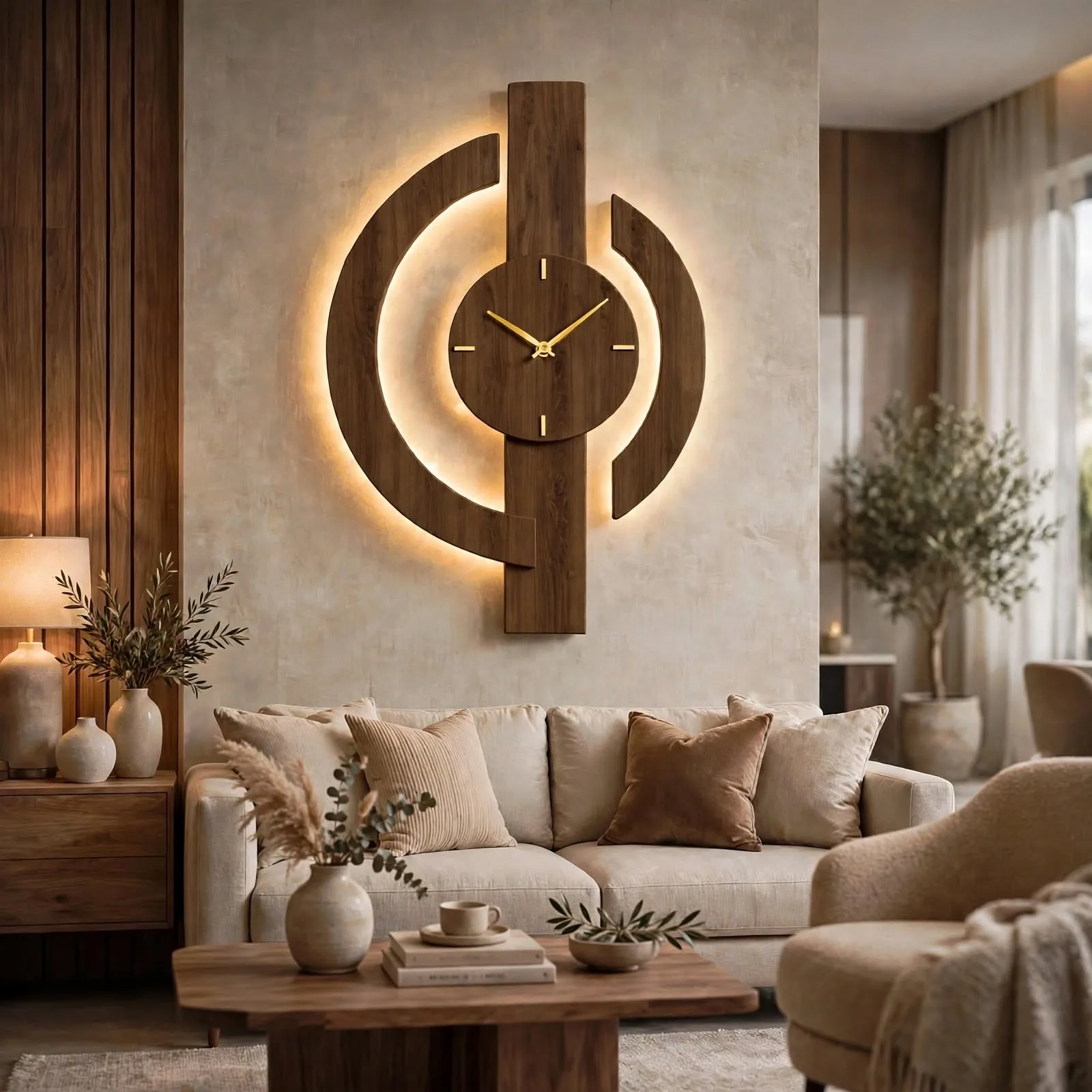 Closeup of modern geometric wall clock with golden hands and warm backlight glow mounted on wall
