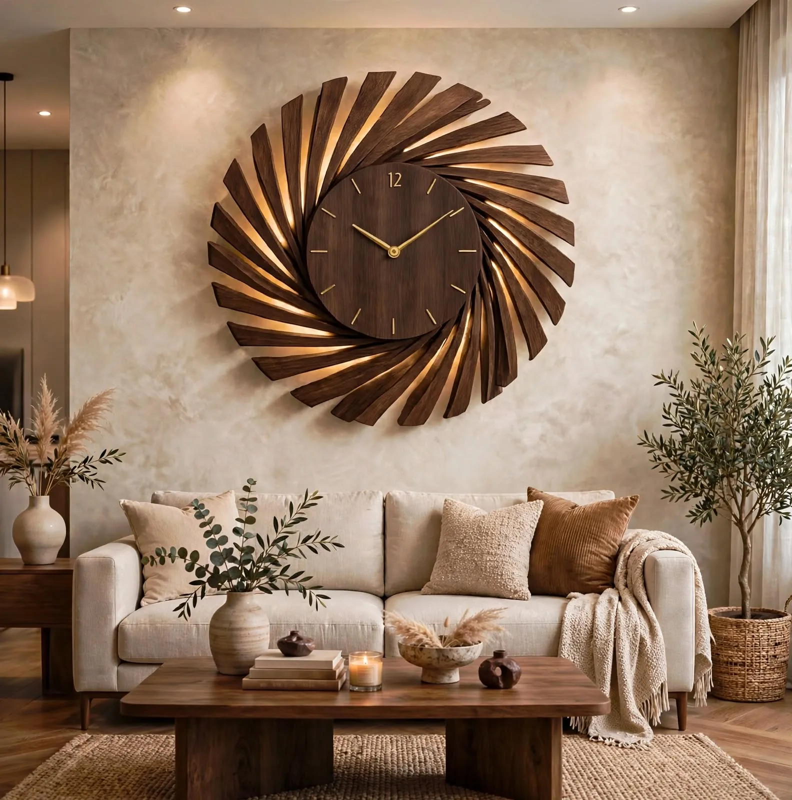 Large modern decorative wall clock with light mounted above beige sofa in luxury living room modern home decor