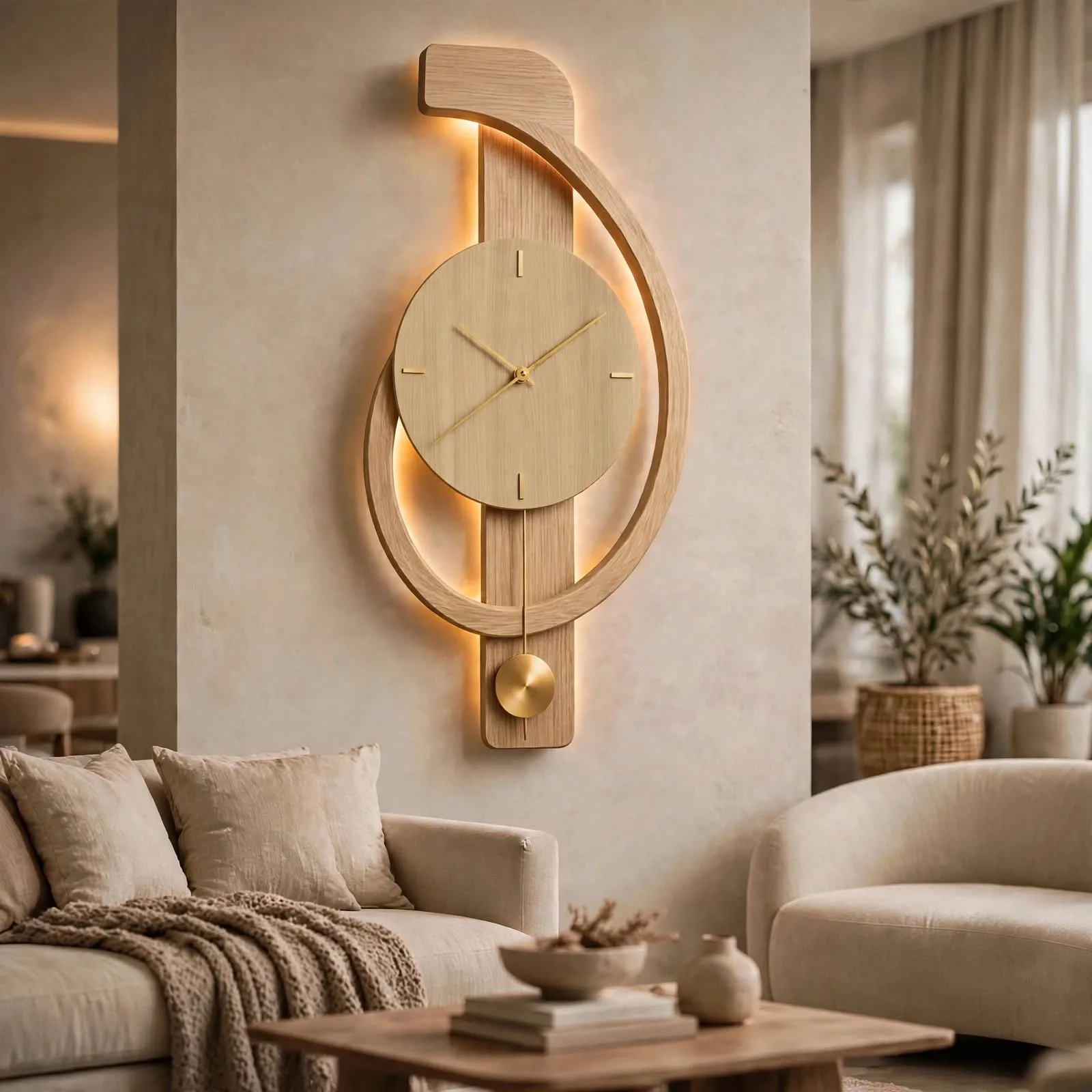 Large modern wall clock with light above beige sofa in minimalist living room